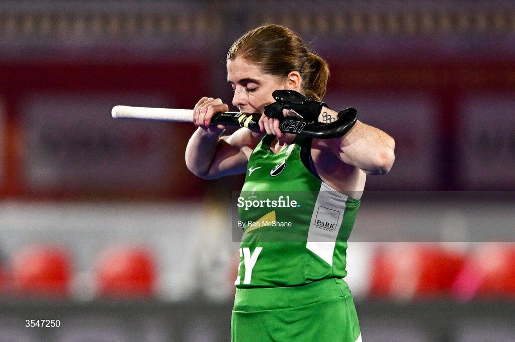 20 August 2026; Kathryn Mullan of Ireland reacts after her side's defeat in the FIH Women's Hockey World Cup 2026 Pool C match between Belgium and Ireland at the Belfius Hockey Arena in Wavre, Belgium. Photo by Ben McShane/Sportsfile