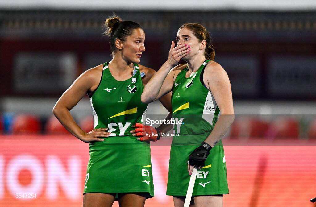 20 August 2026; Elena Tice, left, and Kathryn Mullan of Ireland react after their side's defeat in the FIH Women's Hockey World Cup 2026 Pool C match between Belgium and Ireland at the Belfius Hockey Arena in Wavre, Belgium. Photo by Ben McShane/Sportsfile