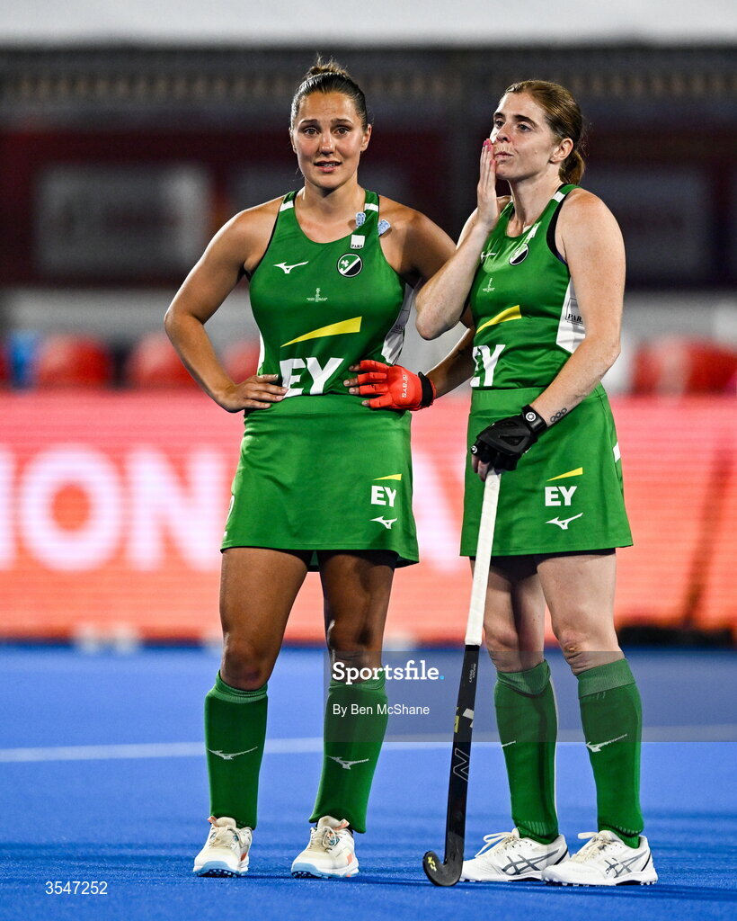 20 August 2026; Elena Tice, left, and Kathryn Mullan of Ireland react after their side's defeat in the FIH Women's Hockey World Cup 2026 Pool C match between Belgium and Ireland at the Belfius Hockey Arena in Wavre, Belgium. Photo by Ben McShane/Sportsfile