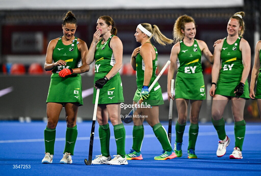 20 August 2026; Ireland players, including Elena Tice, left, and Kathryn Mullan, second from left, react after their side's defeat in the FIH Women's Hockey World Cup 2026 Pool C match between Belgium and Ireland at the Belfius Hockey Arena in Wavre, Belgium. Photo by Ben McShane/Sportsfile