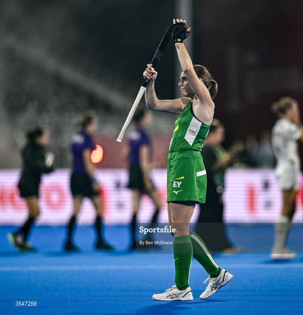 20 August 2026; Kathryn Mullan of Ireland applauds the supporters after the FIH Women's Hockey World Cup 2026 Pool C match between Belgium and Ireland at the Belfius Hockey Arena in Wavre, Belgium. Photo by Ben McShane/Sportsfile