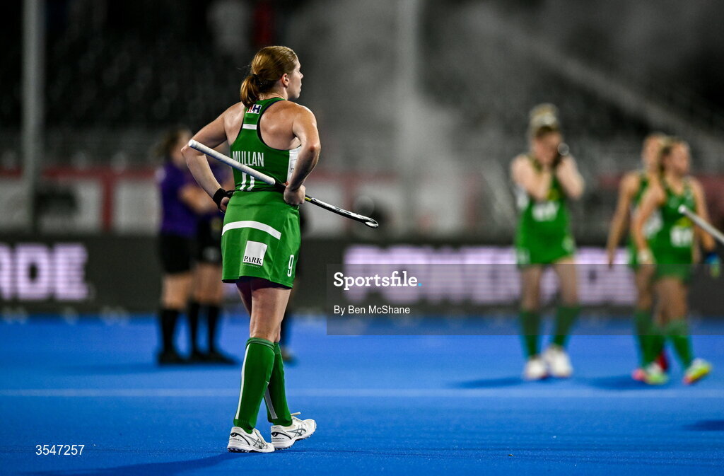 20 August 2026; Kathryn Mullan of Ireland reacts after the FIH Women's Hockey World Cup 2026 Pool C match between Belgium and Ireland at the Belfius Hockey Arena in Wavre, Belgium. Photo by Ben McShane/Sportsfile