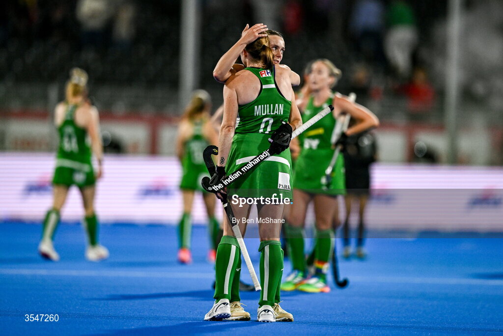 20 August 2026; Ellen Curran, right, consoles Ireland teammate Kathryn Mullan after their side's defeat in the FIH Women's Hockey World Cup 2026 Pool C match between Belgium and Ireland at the Belfius Hockey Arena in Wavre, Belgium. Photo by Ben McShane/Sportsfile