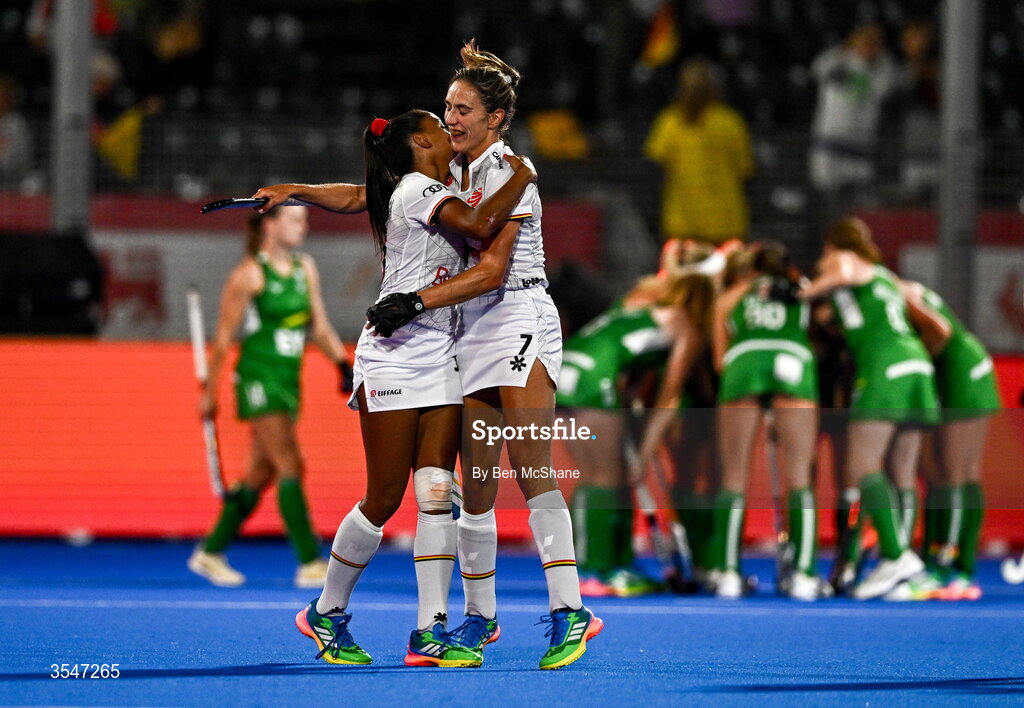 20 August 2026; Ambre Ballenghien, left, celebrates with Belgium teammate Judith Vandermeiren after scoring their side's second goal during the FIH Women's Hockey World Cup 2026 Pool C match between Belgium and Ireland at the Belfius Hockey Arena in Wavre, Belgium. Photo by Ben McShane/Sportsfile