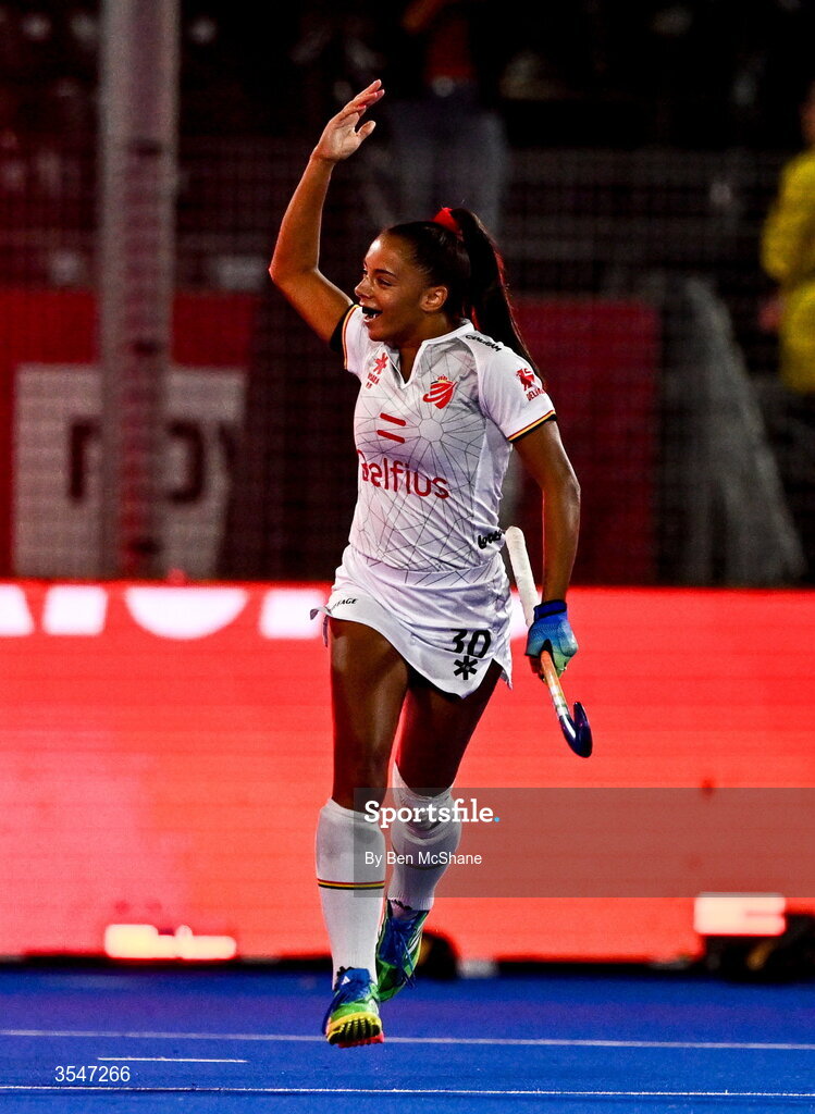 20 August 2026; Ambre Ballenghien of Belgium celebrates after scoring her side's second goal during the FIH Women's Hockey World Cup 2026 Pool C match between Belgium and Ireland at the Belfius Hockey Arena in Wavre, Belgium. Photo by Ben McShane/Sportsfile