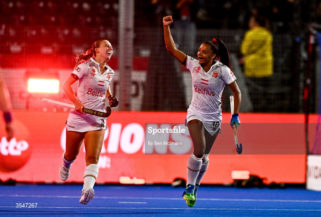 20 August 2026; Ambre Ballenghien of Belgium, right, celebrates after scoring her side's second goal during the FIH Women's Hockey World Cup 2026 Pool C match between Belgium and Ireland at the Belfius Hockey Arena in Wavre, Belgium. Photo by Ben McShane/Sportsfile