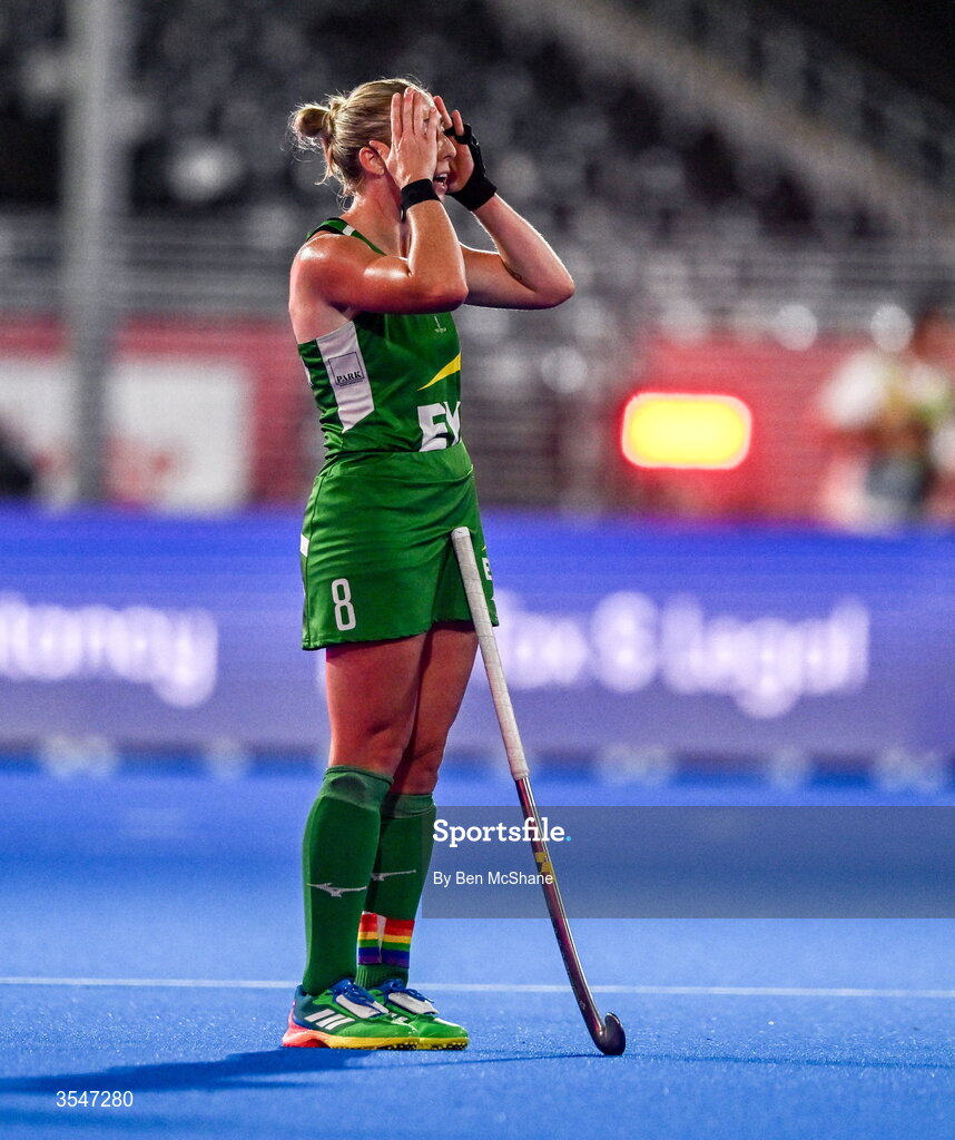 20 August 2026; Sarah Hawkshaw of Ireland reacts after the FIH Women's Hockey World Cup 2026 Pool C match between Belgium and Ireland at the Belfius Hockey Arena in Wavre, Belgium. Photo by Ben McShane/Sportsfile
