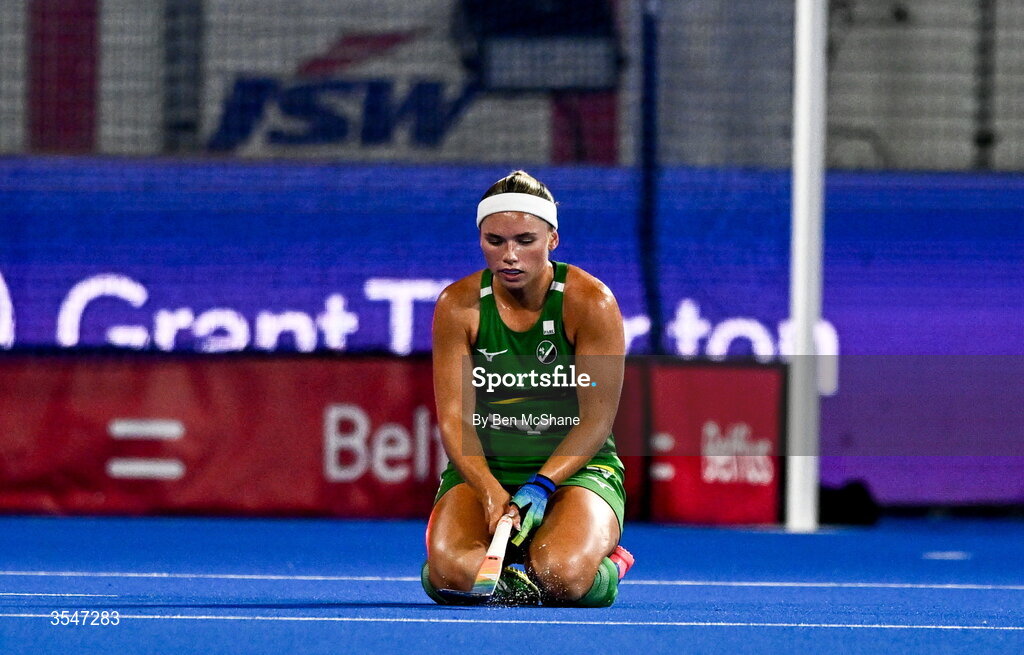 20 August 2026; Caoimhe Perdue of Ireland reacts after the FIH Women's Hockey World Cup 2026 Pool C match between Belgium and Ireland at the Belfius Hockey Arena in Wavre, Belgium. Photo by Ben McShane/Sportsfile