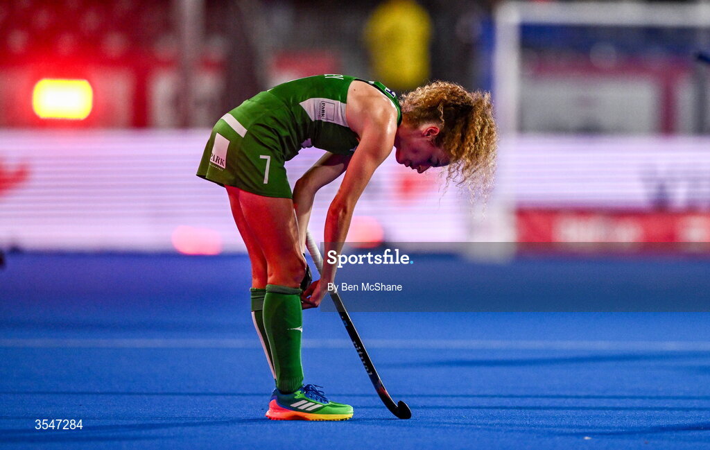 20 August 2026; Niamh Carey of Ireland reacts after the FIH Women's Hockey World Cup 2026 Pool C match between Belgium and Ireland at the Belfius Hockey Arena in Wavre, Belgium. Photo by Ben McShane/Sportsfile