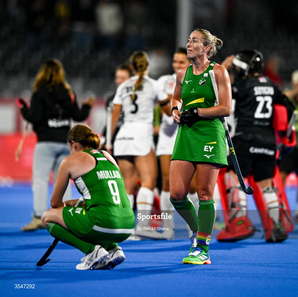 20 August 2026; Sarah Hawkshaw, right, and Kathryn Mullan of Ireland react after their side's defeat in the FIH Women's Hockey World Cup 2026 Pool C match between Belgium and Ireland at the Belfius Hockey Arena in Wavre, Belgium. Photo by Ben McShane/Sportsfile