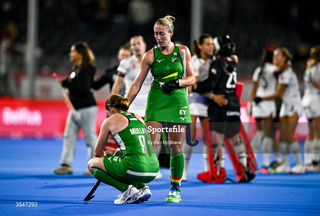 20 August 2026; Sarah Hawkshaw, right, and Kathryn Mullan of Ireland react after their side's defeat in the FIH Women's Hockey World Cup 2026 Pool C match between Belgium and Ireland at the Belfius Hockey Arena in Wavre, Belgium. Photo by Ben McShane/Sportsfile