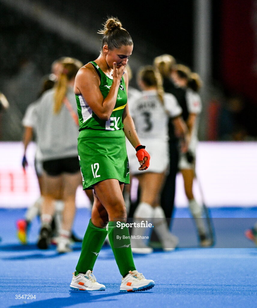 20 August 2026; Elena Tice of Ireland reacts after her side's defeat in the FIH Women's Hockey World Cup 2026 Pool C match between Belgium and Ireland at the Belfius Hockey Arena in Wavre, Belgium. Photo by Ben McShane/Sportsfile