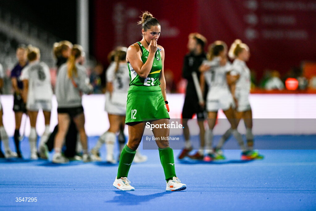 20 August 2026; Elena Tice of Ireland reacts after her side's defeat in the FIH Women's Hockey World Cup 2026 Pool C match between Belgium and Ireland at the Belfius Hockey Arena in Wavre, Belgium. Photo by Ben McShane/Sportsfile