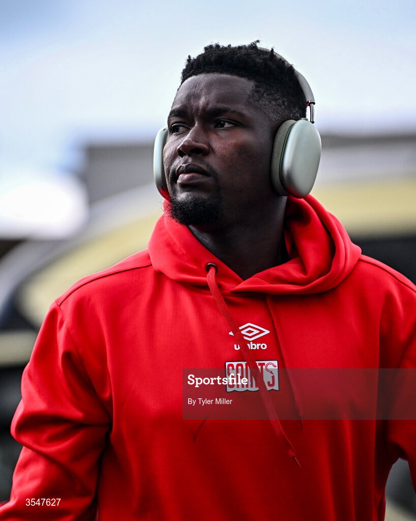 21 August 2026; St Patrick's Athletic goalkeeper Joseph Anang before the SSE Airtricity Men’s Premier Division match between Drogheda United and St Patrick's Athletic at Sullivan & Lambe Park in Drogheda, Louth. Photo by Tyler Miller/Sportsfile
