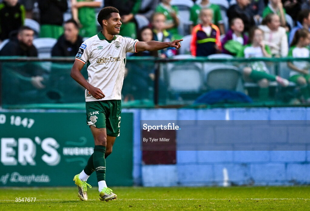 21 August 2026; Anthony Olusanya of St Patrick's Athletic celebrates after scoring his side's first goal during the SSE Airtricity Men’s Premier Division match between Drogheda United and St Patrick's Athletic at Sullivan & Lambe Park in Drogheda, Louth. Photo by Tyler Miller/Sportsfile
