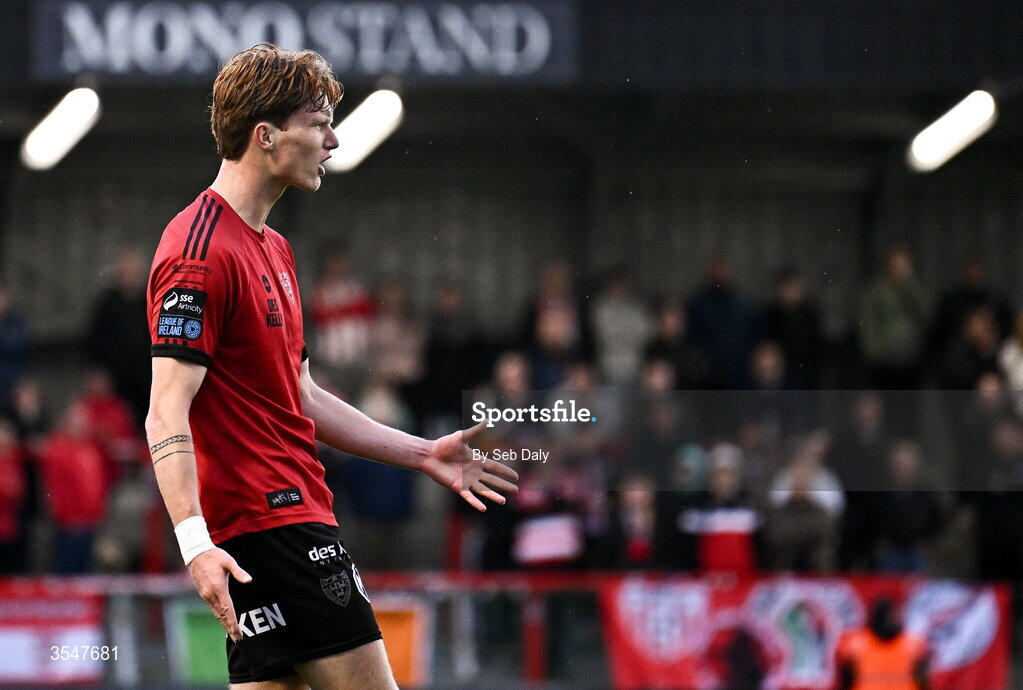 21 August 2026; Senan Mullen of Bohemians reacts during the SSE Airtricity Men’s Premier Division match between Bohemians and Derry City at Dalymount Park in Dublin. Photo by Seb Daly/Sportsfile