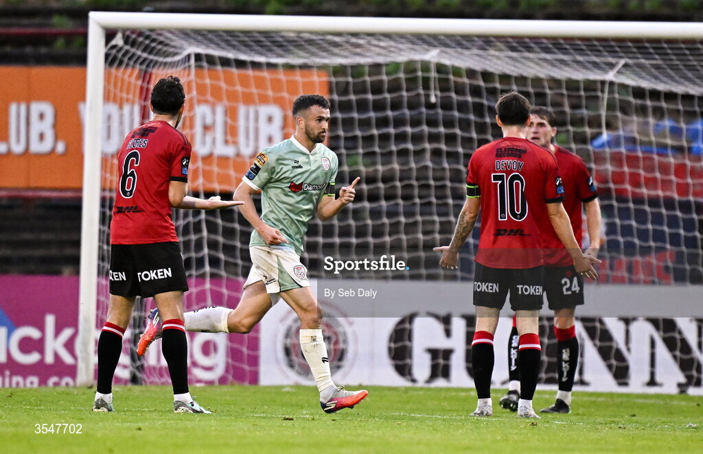21 August 2026; Michael Duffy of Derry City celebrates after scoring his side's first goal during the SSE Airtricity Men’s Premier Division match between Bohemians and Derry City at Dalymount Park in Dublin. Photo by Seb Daly/Sportsfile