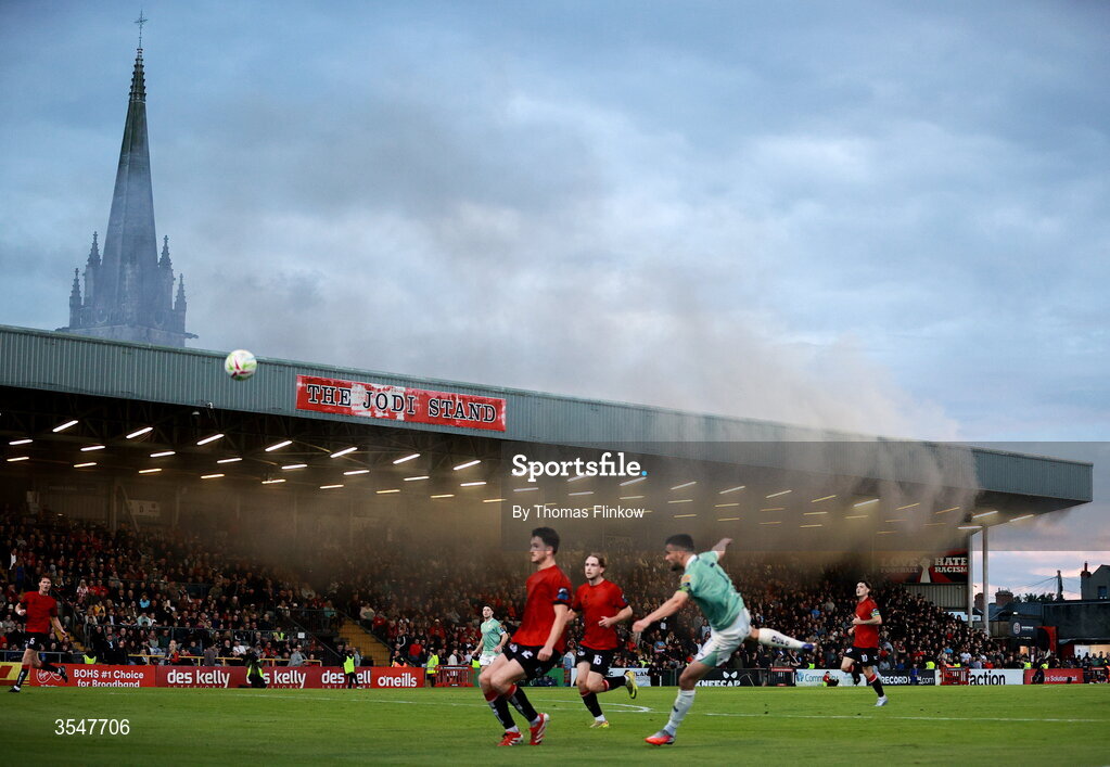 21 August 2026; A general view of match action during the SSE Airtricity Men’s Premier Division match between Bohemians and Derry City at Dalymount Park in Dublin. Photo by Thomas Flinkow/Sportsfile