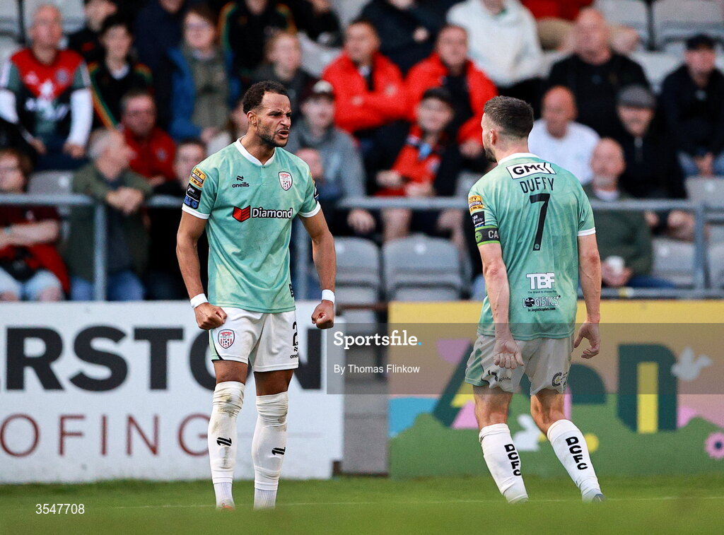 21 August 2026; Michael Duffy of Derry City, 7, celebrates with teammate Barry Cotter after scoring his side's first goal during the SSE Airtricity Men’s Premier Division match between Bohemians and Derry City at Dalymount Park in Dublin. Photo by Thomas Flinkow/Sportsfile
