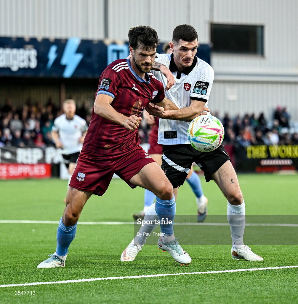 21 August 2026; Jimmy Keohane of Galway United in action against Trevor Clarke of Dundalk during the SSE Airtricity Men’s Premier Division match between Dundalk and Galway United at Oriel Park in Dundalk, Louth. Photo by Paul Phelan/Sportsfile