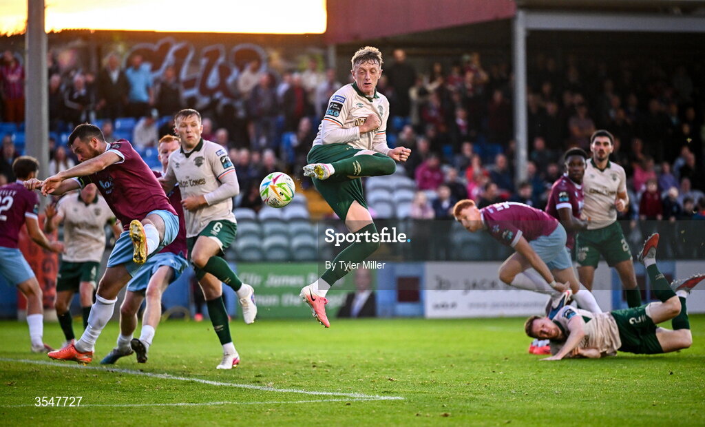 21 August 2026; Chris Forrester of St Patrick's Athletic has an attempt on goal during the SSE Airtricity Men’s Premier Division match between Drogheda United and St Patrick's Athletic at Sullivan & Lambe Park in Drogheda, Louth. Photo by Tyler Miller/Sportsfile