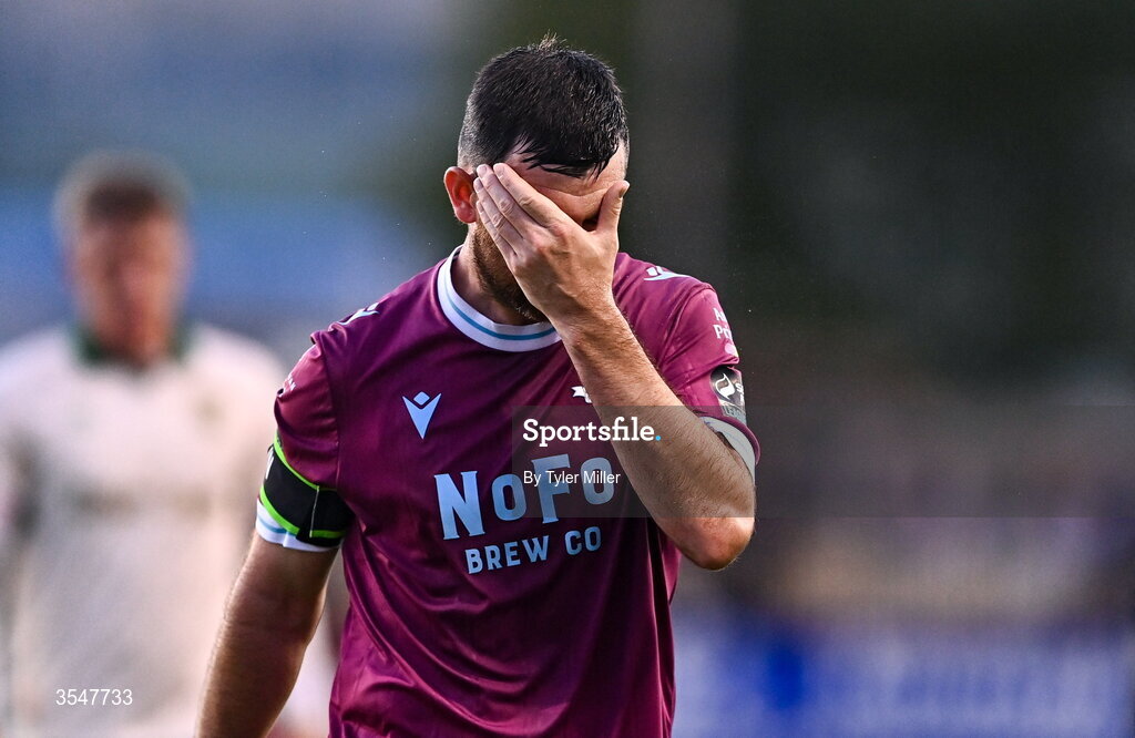 21 August 2026; Ryan Brennan of Drogheda United reacts during the SSE Airtricity Men’s Premier Division match between Drogheda United and St Patrick's Athletic at Sullivan & Lambe Park in Drogheda, Louth. Photo by Tyler Miller/Sportsfile