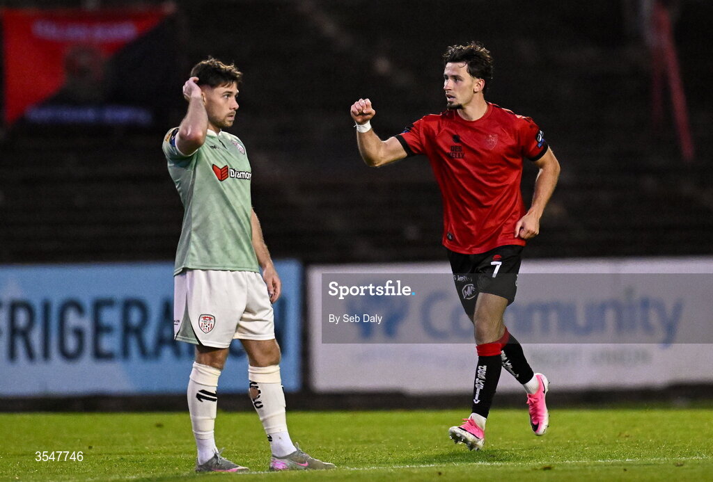 21 August 2026; Connor Parsons of Bohemians celebrates after scoring his side's second goal during the SSE Airtricity Men’s Premier Division match between Bohemians and Derry City at Dalymount Park in Dublin. Photo by Seb Daly/Sportsfile