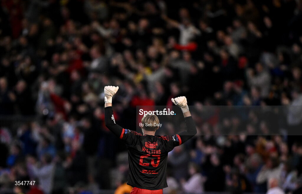 21 August 2026; Bohemians goalkeeper Paul Walters celebrates his side's second goal, scored by teammate Connor Parsons, not pictured, during the SSE Airtricity Men’s Premier Division match between Bohemians and Derry City at Dalymount Park in Dublin. Photo by Seb Daly/Sportsfile