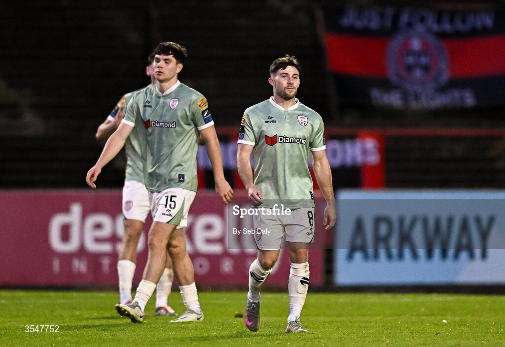 21 August 2026; Adam O'Reilly of Derry City after his side conceded a second goal during the SSE Airtricity Men’s Premier Division match between Bohemians and Derry City at Dalymount Park in Dublin. Photo by Seb Daly/Sportsfile