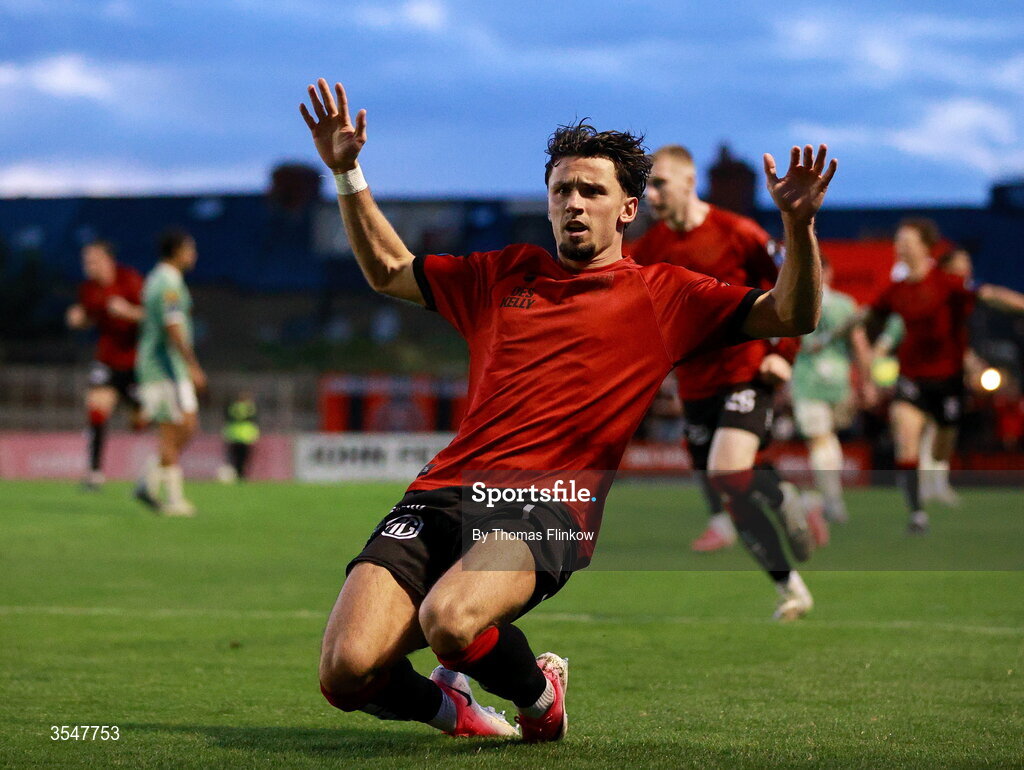 21 August 2026; Connor Parsons of Bohemians celebrates after scoring his side's second goal during the SSE Airtricity Men’s Premier Division match between Bohemians and Derry City at Dalymount Park in Dublin. Photo by Thomas Flinkow/Sportsfile