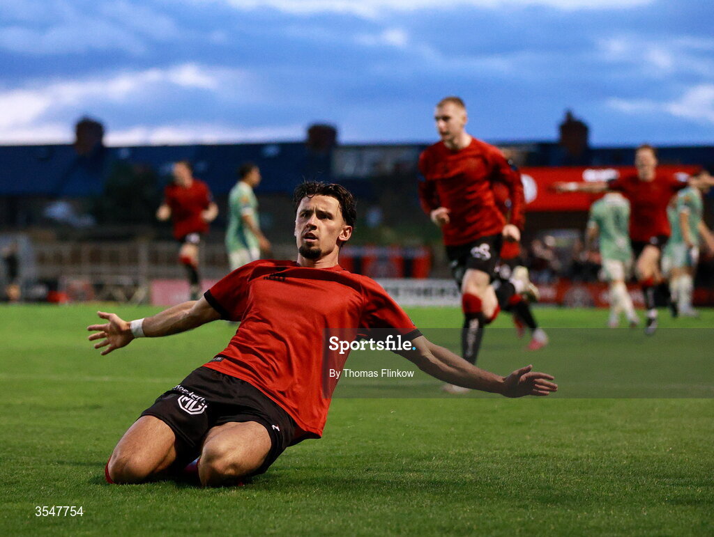21 August 2026; Connor Parsons of Bohemians celebrates after scoring his side's second goal during the SSE Airtricity Men’s Premier Division match between Bohemians and Derry City at Dalymount Park in Dublin. Photo by Thomas Flinkow/Sportsfile