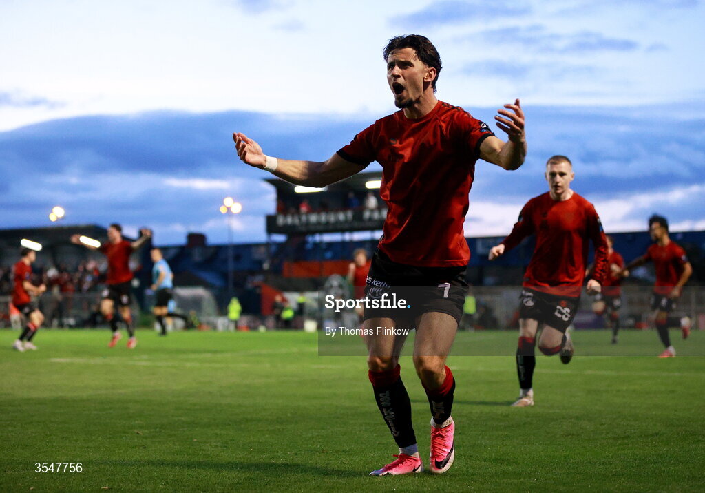 21 August 2026; Connor Parsons of Bohemians celebrates after scoring his side's second goal during the SSE Airtricity Men’s Premier Division match between Bohemians and Derry City at Dalymount Park in Dublin. Photo by Thomas Flinkow/Sportsfile