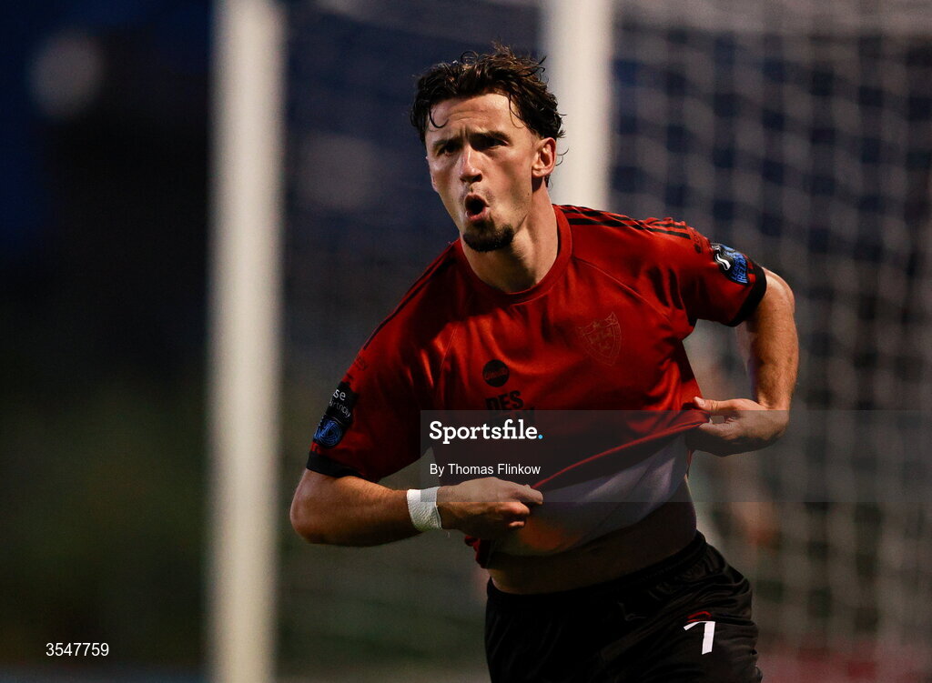 21 August 2026; Connor Parsons of Bohemians celebrates after scoring his side's second goal during the SSE Airtricity Men’s Premier Division match between Bohemians and Derry City at Dalymount Park in Dublin. Photo by Thomas Flinkow/Sportsfile