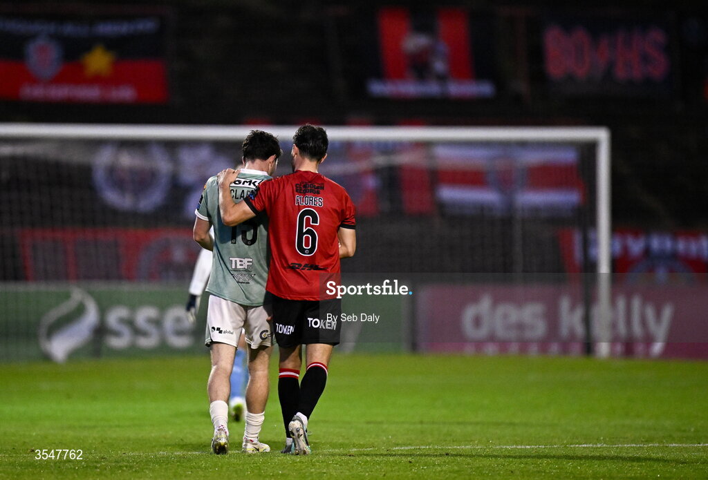 21 August 2026; James Clarke of Derry City is consoled by Jordan Flores of Bohemians after being shown a red card during the SSE Airtricity Men’s Premier Division match between Bohemians and Derry City at Dalymount Park in Dublin. Photo by Seb Daly/Sportsfile