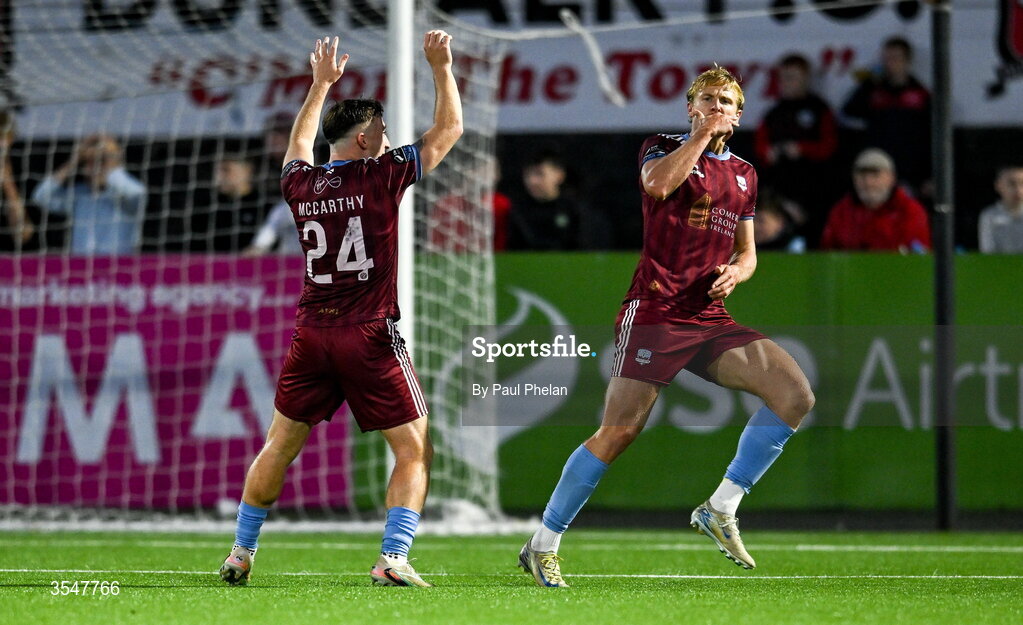 21 August 2026; Kris Twardek of Galway United celebrates after scoring his side's second goal during the SSE Airtricity Men’s Premier Division match between Dundalk and Galway United at Oriel Park in Dundalk, Louth. Photo by Paul Phelan/Sportsfile