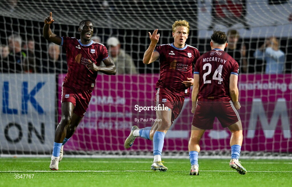 21 August 2026; Kris Twardek of Galway United celebrates after scoring his side's second goal during the SSE Airtricity Men’s Premier Division match between Dundalk and Galway United at Oriel Park in Dundalk, Louth. Photo by Paul Phelan/Sportsfile