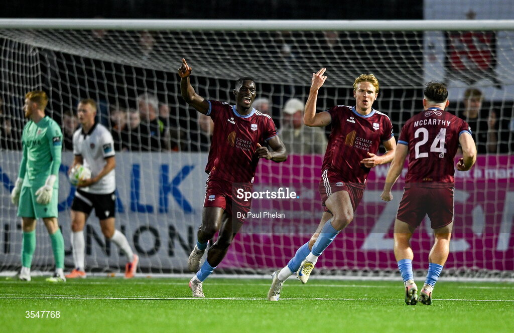 21 August 2026; Kris Twardek of Galway United celebrates after scoring his side's second goal during the SSE Airtricity Men’s Premier Division match between Dundalk and Galway United at Oriel Park in Dundalk, Louth. Photo by Paul Phelan/Sportsfile