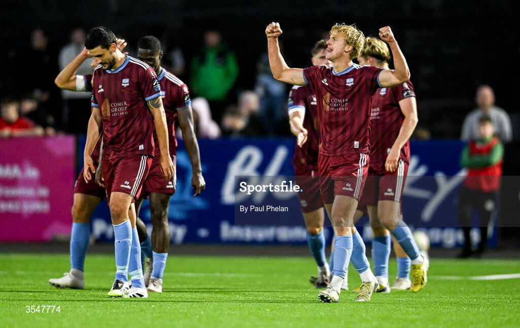 21 August 2026; Kris Twardek of Galway United celebrates after scoring his side's second goal during the SSE Airtricity Men’s Premier Division match between Dundalk and Galway United at Oriel Park in Dundalk, Louth. Photo by Paul Phelan/Sportsfile