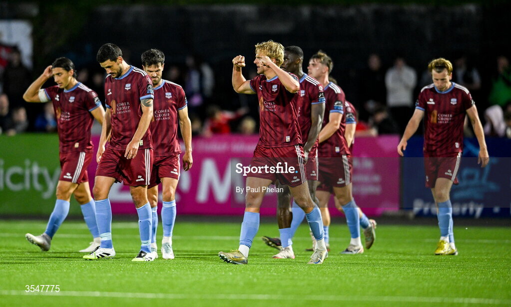 21 August 2026; Kris Twardek of Galway United celebrates after scoring his side's second goal during the SSE Airtricity Men’s Premier Division match between Dundalk and Galway United at Oriel Park in Dundalk, Louth. Photo by Paul Phelan/Sportsfile