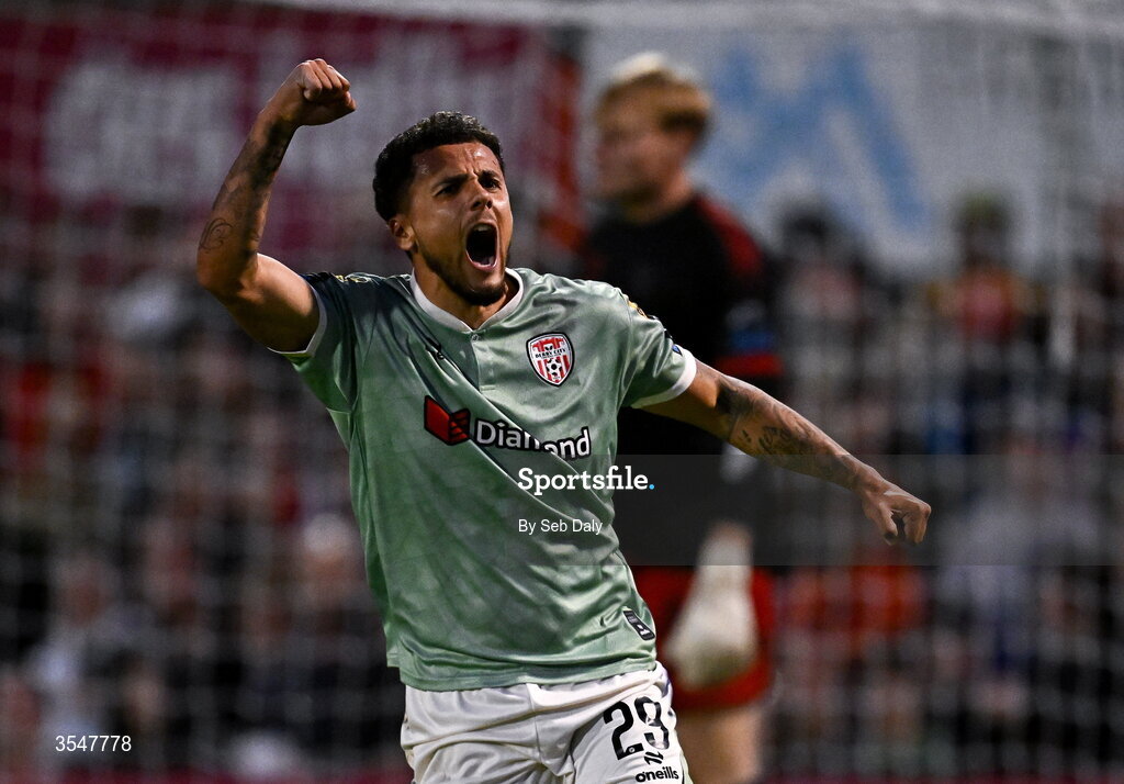 21 August 2026; Tyler Smith of Derry City celebrates after scoring his side's second goal during the SSE Airtricity Men’s Premier Division match between Bohemians and Derry City at Dalymount Park in Dublin. Photo by Seb Daly/Sportsfile