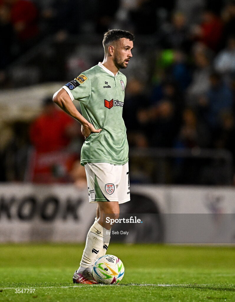 21 August 2026; Michael Duffy of Derry City after his side conceded a fourth goal during the SSE Airtricity Men’s Premier Division match between Bohemians and Derry City at Dalymount Park in Dublin. Photo by Seb Daly/Sportsfile