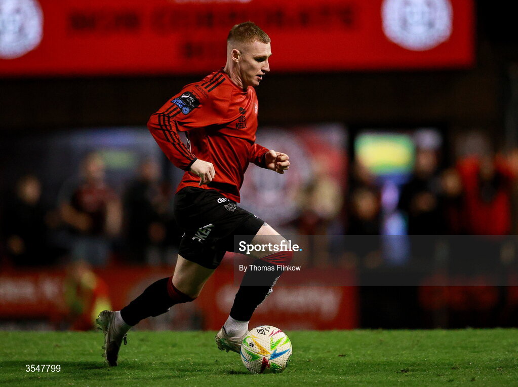 21 August 2026; Ross Tierney of Bohemians on his way to scoring his side's fourth goal during the SSE Airtricity Men’s Premier Division match between Bohemians and Derry City at Dalymount Park in Dublin. Photo by Thomas Flinkow/Sportsfile