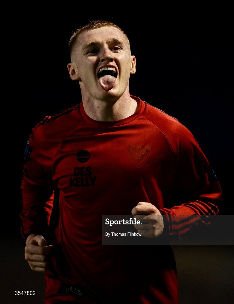 21 August 2026; Ross Tierney of Bohemians celebrates after scoring his side's fourth goal during the SSE Airtricity Men’s Premier Division match between Bohemians and Derry City at Dalymount Park in Dublin. Photo by Thomas Flinkow/Sportsfile