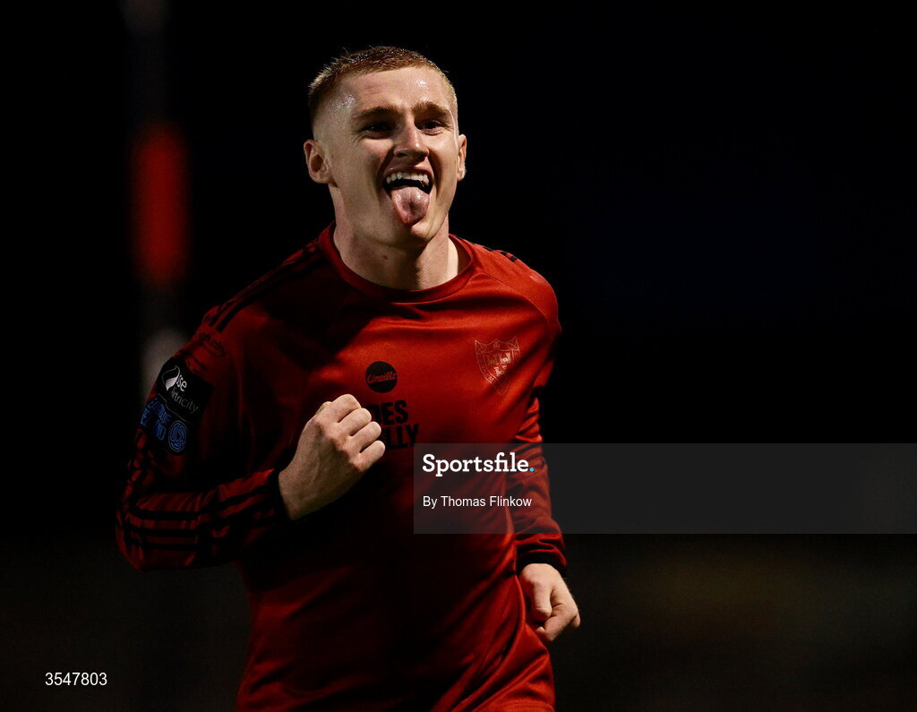 21 August 2026; Ross Tierney of Bohemians celebrates after scoring his side's fourth goal during the SSE Airtricity Men’s Premier Division match between Bohemians and Derry City at Dalymount Park in Dublin. Photo by Thomas Flinkow/Sportsfile
