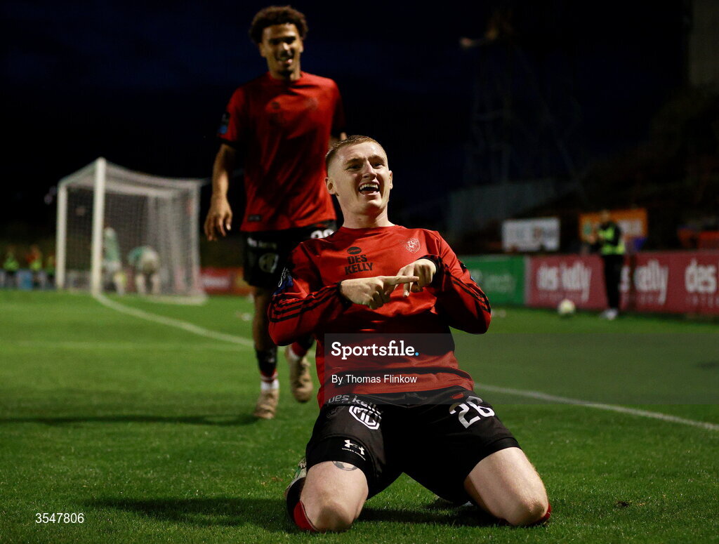21 August 2026; Ross Tierney of Bohemians celebrates after scoring his side's fourth goal during the SSE Airtricity Men’s Premier Division match between Bohemians and Derry City at Dalymount Park in Dublin. Photo by Thomas Flinkow/Sportsfile