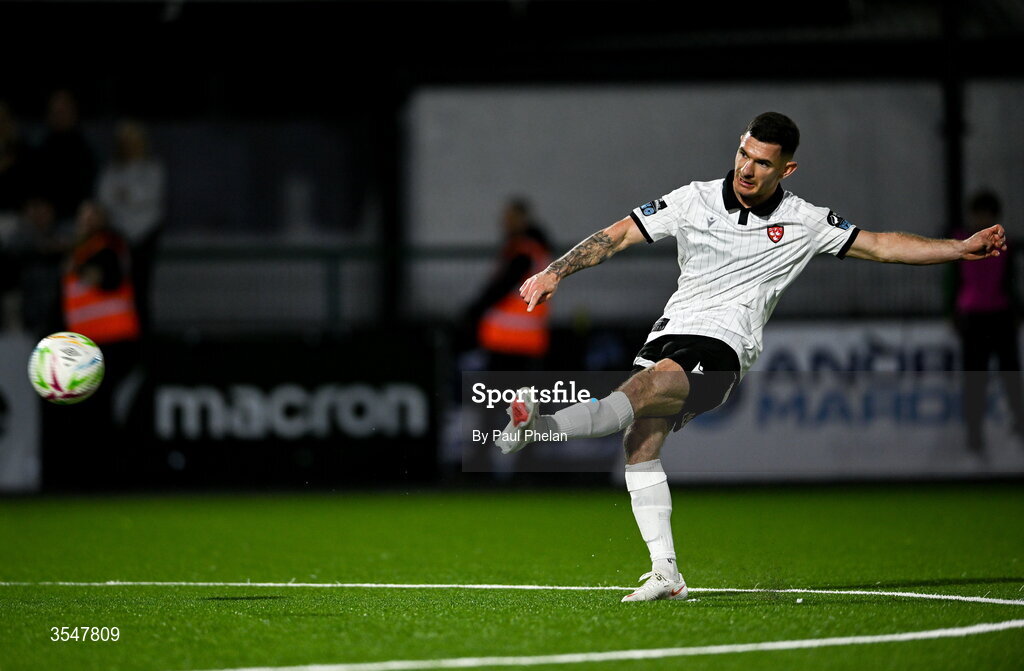 21 August 2026; Trevor Clarke of Dundalk scores his side's first goal, from a free-kick, during the SSE Airtricity Men’s Premier Division match between Dundalk and Galway United at Oriel Park in Dundalk, Louth. Photo by Paul Phelan/Sportsfile