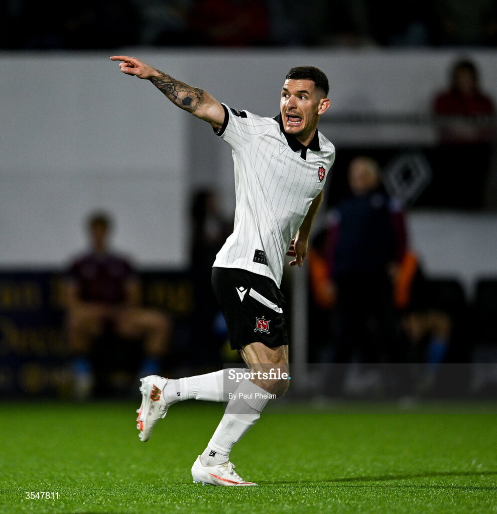 21 August 2026; Trevor Clarke of Dundalk celebrates after scoring his side's first goal during the SSE Airtricity Men’s Premier Division match between Dundalk and Galway United at Oriel Park in Dundalk, Louth. Photo by Paul Phelan/Sportsfile