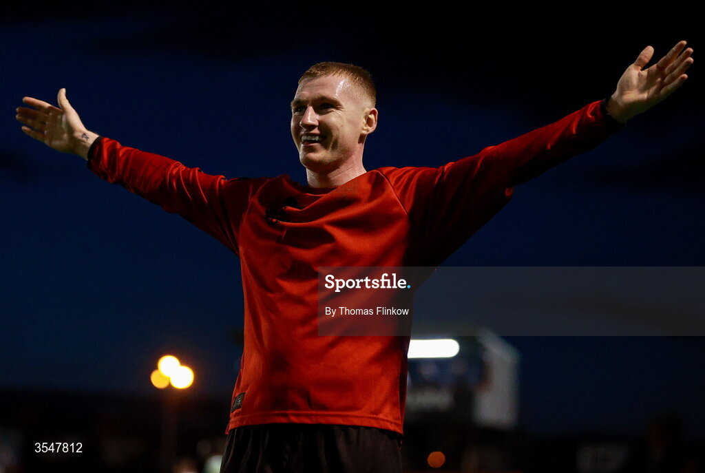 21 August 2026; Ross Tierney of Bohemians celebrates after scoring his side's fifth goal during the SSE Airtricity Men’s Premier Division match between Bohemians and Derry City at Dalymount Park in Dublin. Photo by Thomas Flinkow/Sportsfile