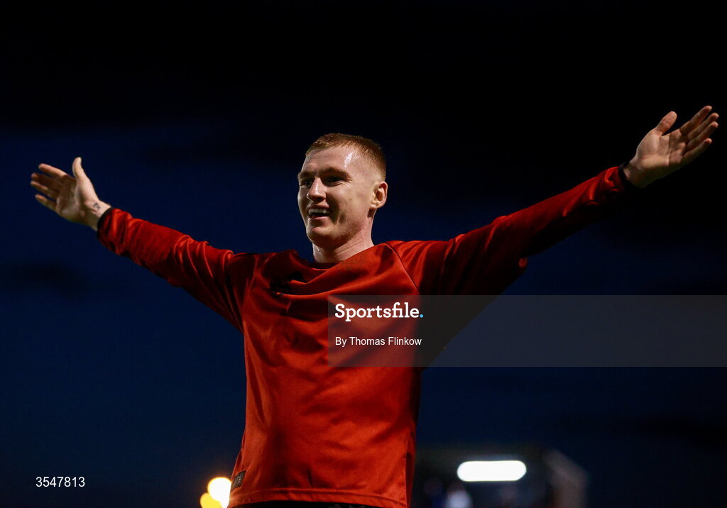 21 August 2026; Ross Tierney of Bohemians celebrates after scoring his side's fifth goal during the SSE Airtricity Men’s Premier Division match between Bohemians and Derry City at Dalymount Park in Dublin. Photo by Thomas Flinkow/Sportsfile