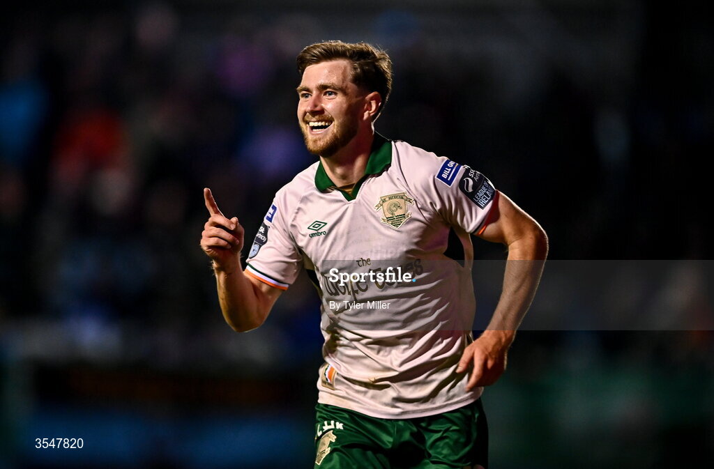 21 August 2026; Barry Baggley of St Patrick's Athletic celebrates after scoring his side's second goal during the SSE Airtricity Men’s Premier Division match between Drogheda United and St Patrick's Athletic at Sullivan & Lambe Park in Drogheda, Louth. Photo by Tyler Miller/Sportsfile